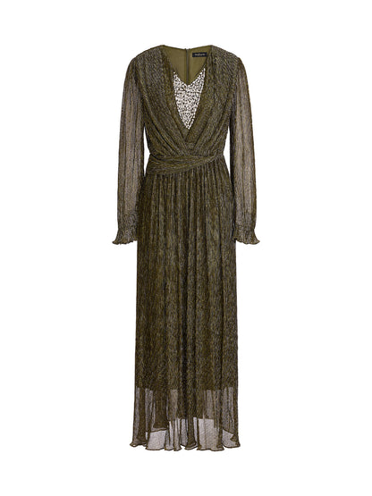 Pleated Lurex Crystal V-Neck Dress
