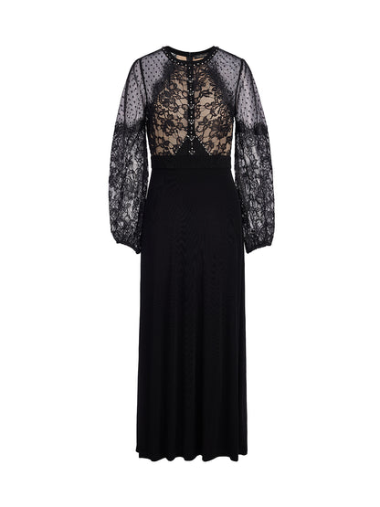 French Lace-Panel High-Waist Dress