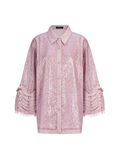Luxe Ruffled Sequin Pleated Shirt