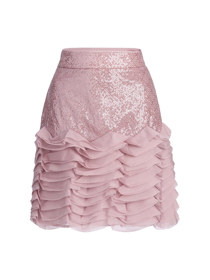 Luxe Ruffled Sequin Pleated Mini Skirt