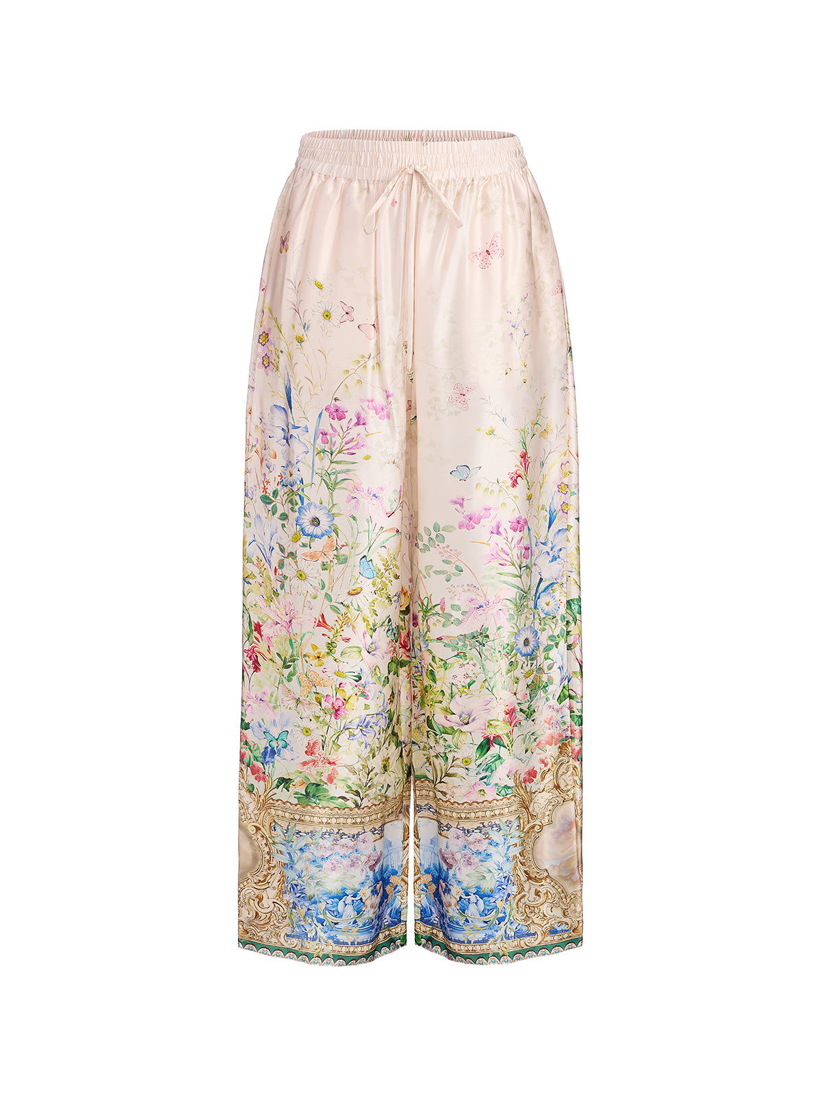 Silk Satin Floral Print Pants (100% Silk)