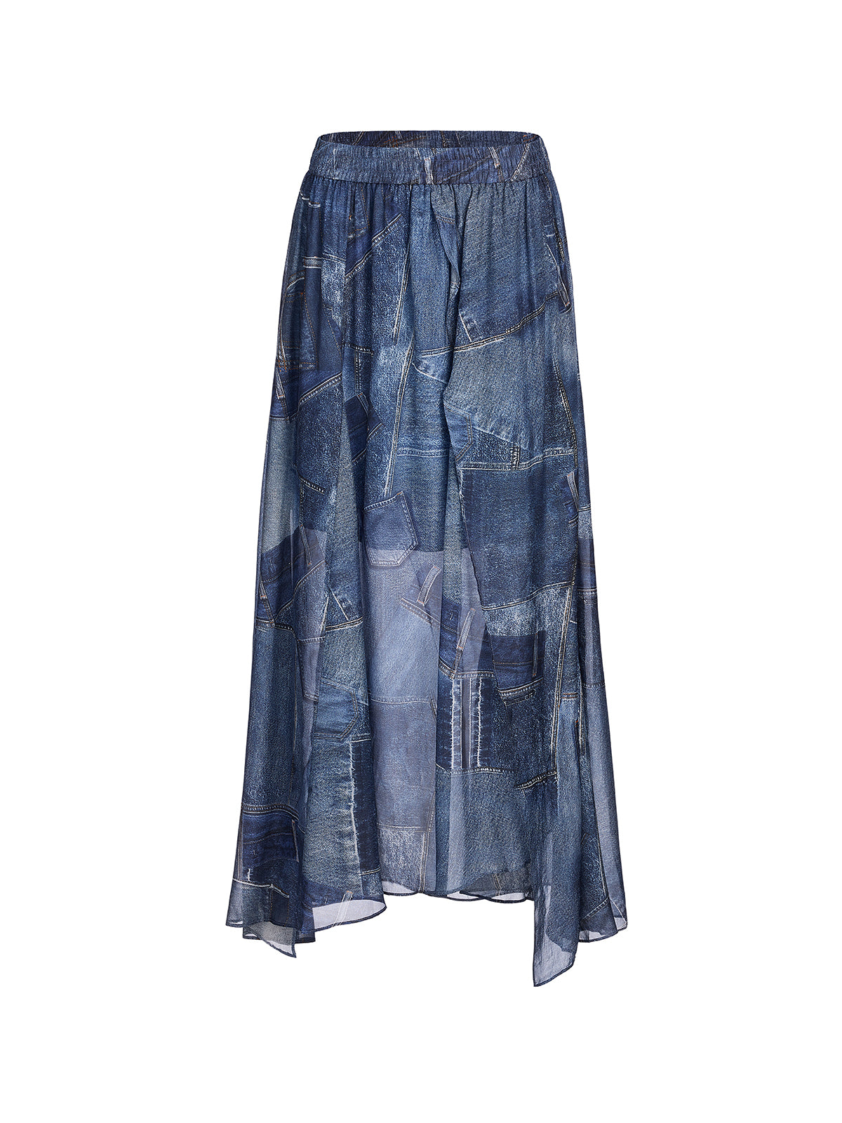 Silk Chiffon Denim-Print Skirt