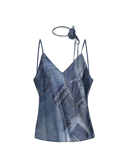 Denim-Print Silk Satin Cami