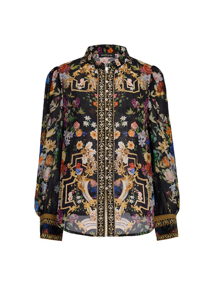 100% Silk Floral Print Rhinestone Blouse