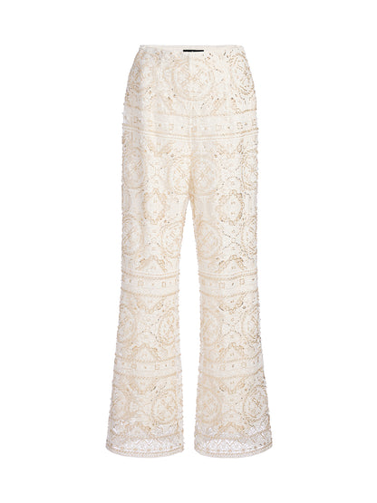 Intricately Embroidered Sequin Straight-Leg Pants