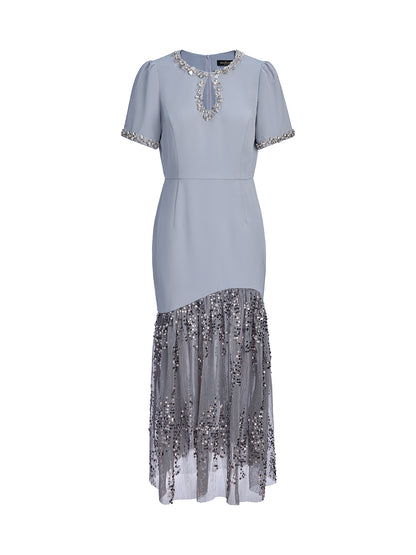 Hand-Beaded Sequin Tulle-Paneled Dress
