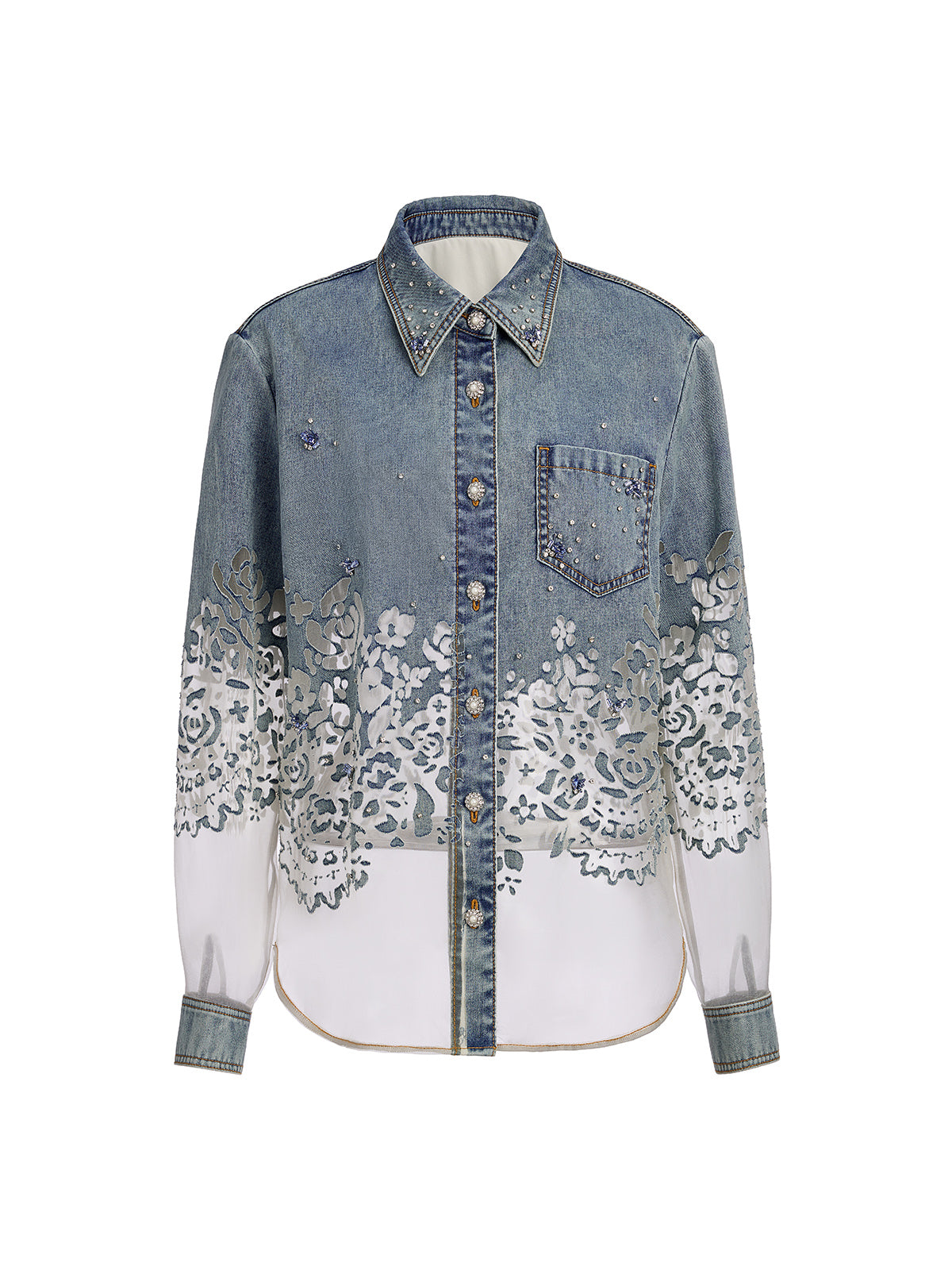 Denim Burnout Mesh Panel Rhinestone Loose Shirt