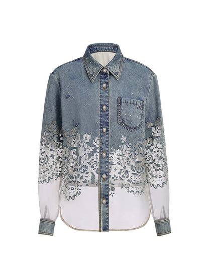 Denim Burnout Mesh Panel Rhinestone Loose Shirt