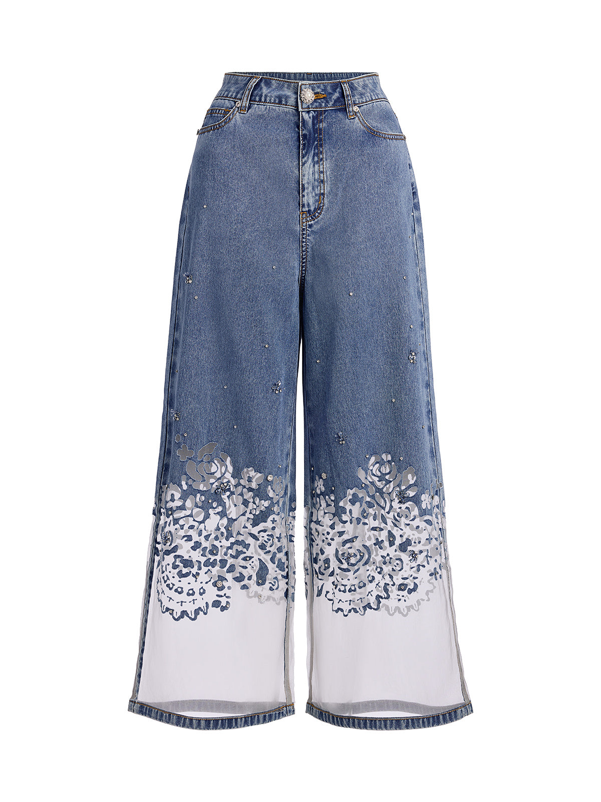 Denim Burnout Mesh Panel Rhinestone High-Waist Wide-Leg Pants