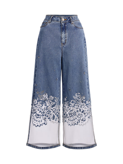 Denim Burnout Mesh Panel Rhinestone High-Waist Wide-Leg Pants