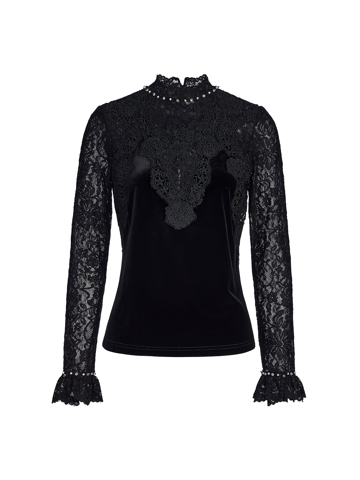 Hand-Beaded Sequin Lace & Velvet Panel Top