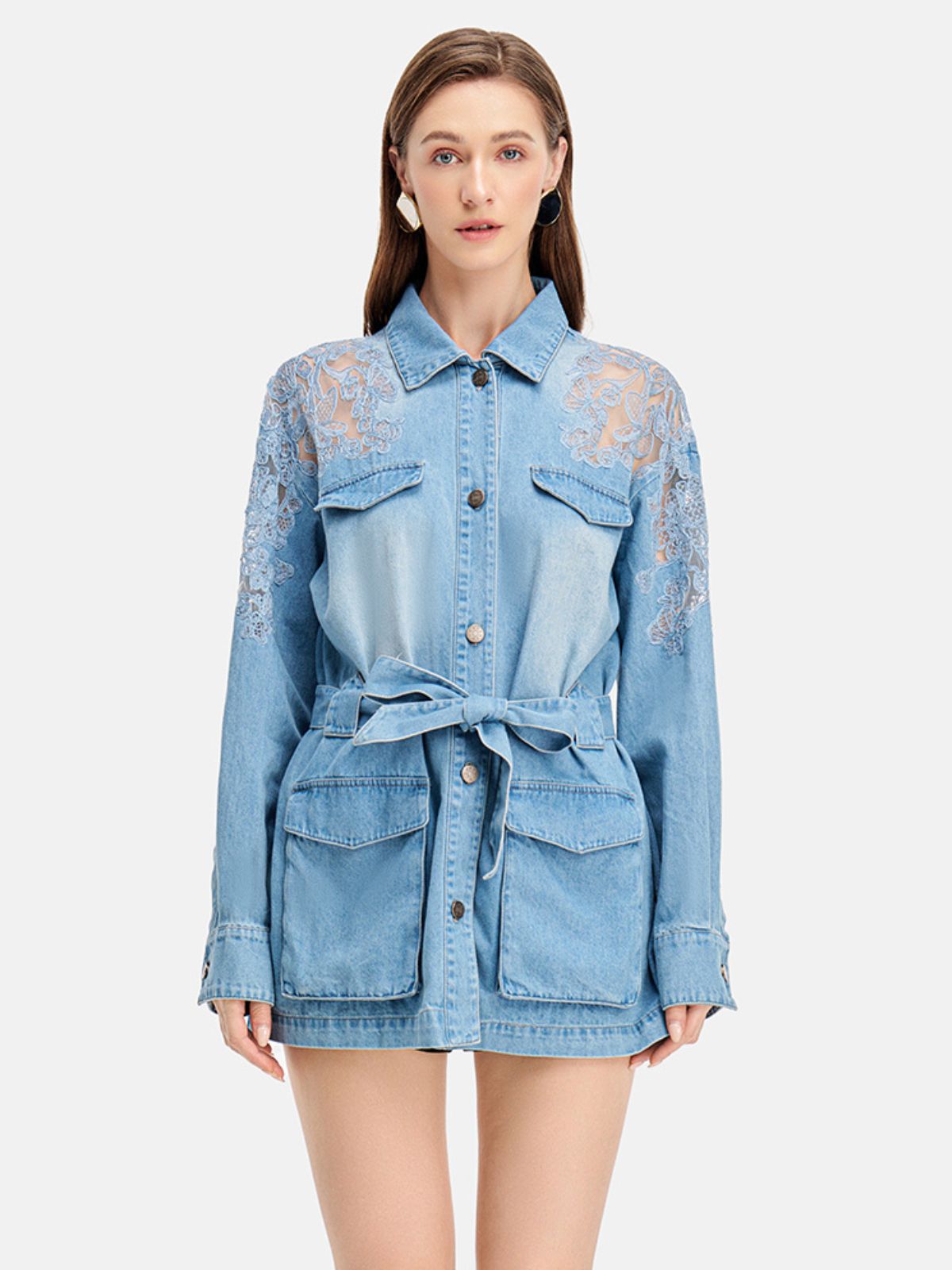 Floral Lace Panel Denim Short Trench