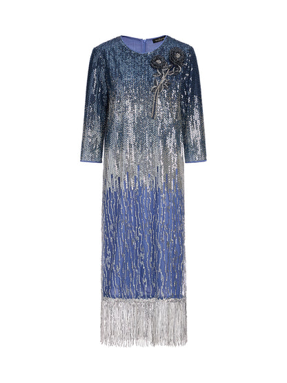 Fringe Gradient Sequin 3D Floral Dress