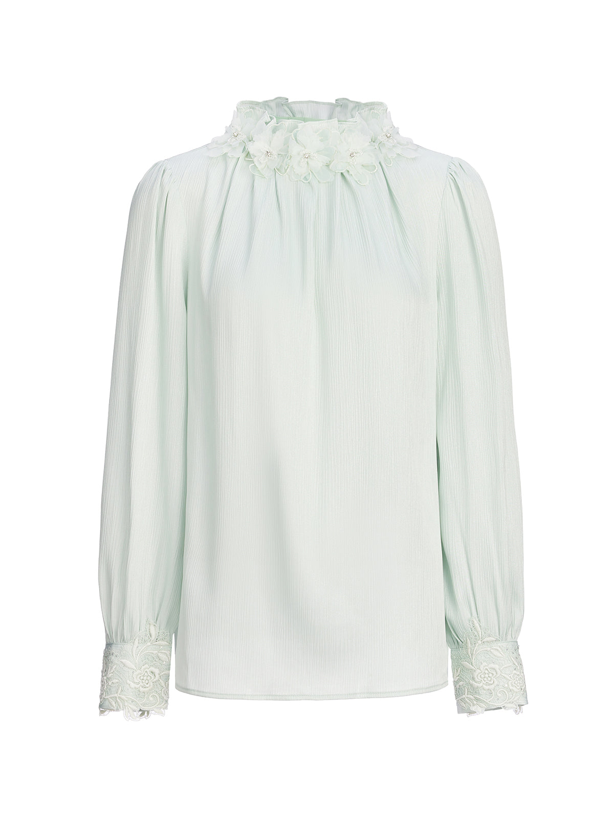 Floral Lace-Trim Puff-Sleeve Top