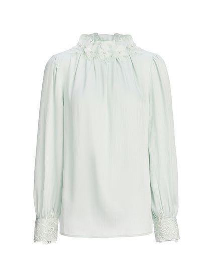 Floral Lace-Trim Puff-Sleeve Top