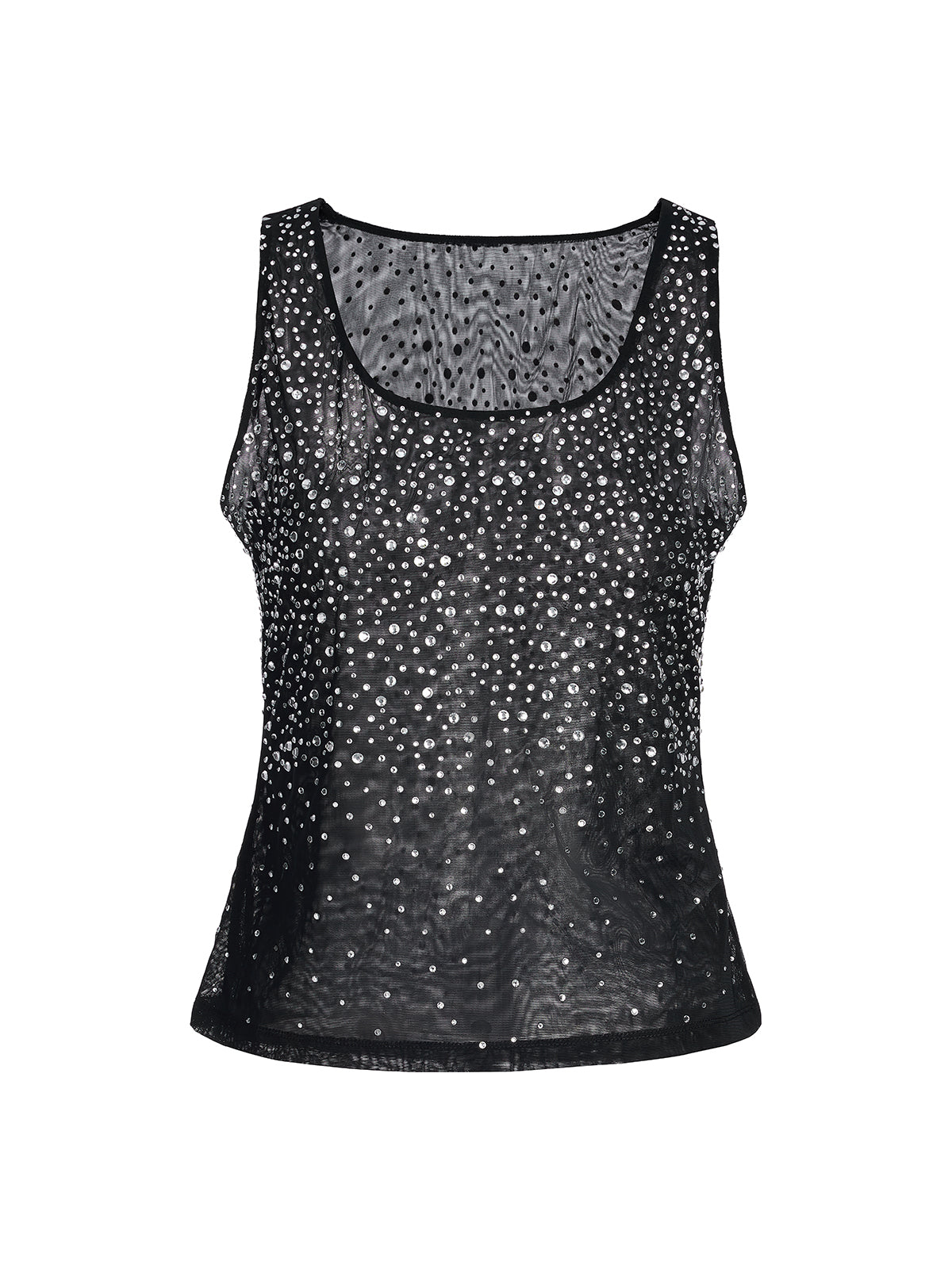 Rhinestones Mesh U-Neck Fitted Sleeveless Top