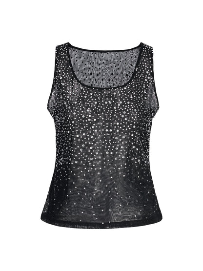 Rhinestones Mesh U-Neck Fitted Sleeveless Top