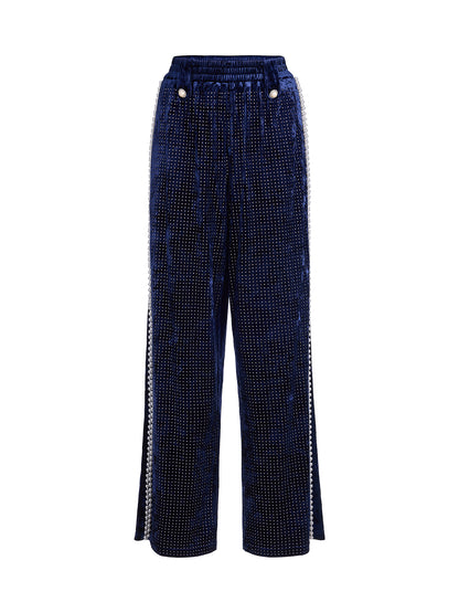 Hand-Beaded Pearl Rhinestone Velvet Pants