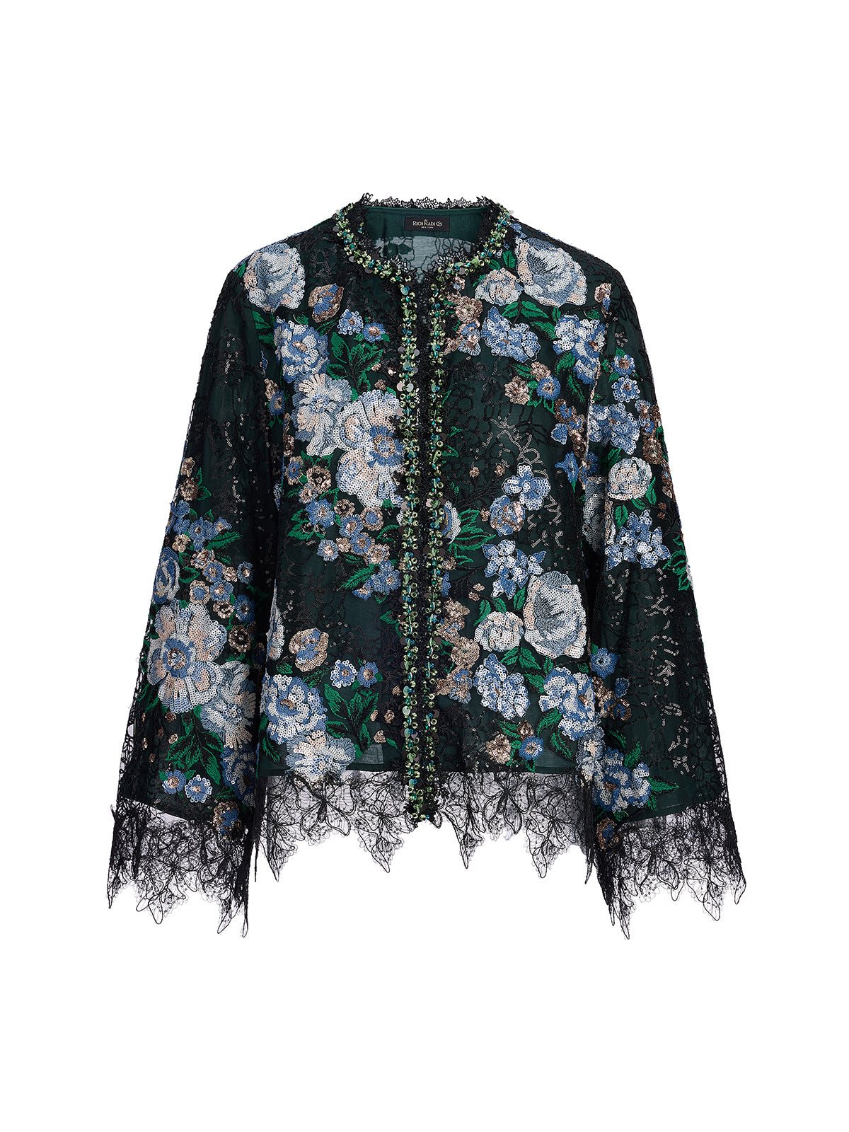 Sequin Lace-Trim Hand-Beaded Crystal Jacket