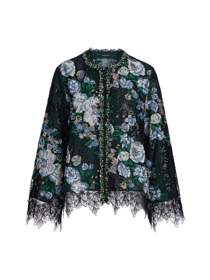Sequin Lace-Trim Hand-Beaded Crystal Jacket
