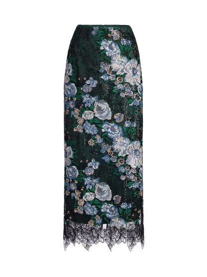 Sequin Lace-Trim Elastic-Waist Skirt