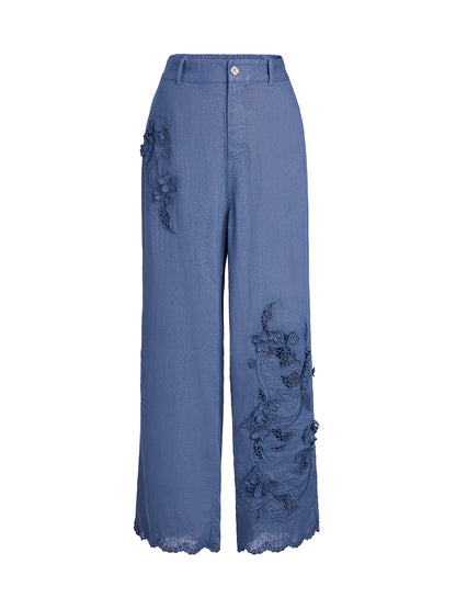 Art Cutout Floral Embroidered Linen Pants