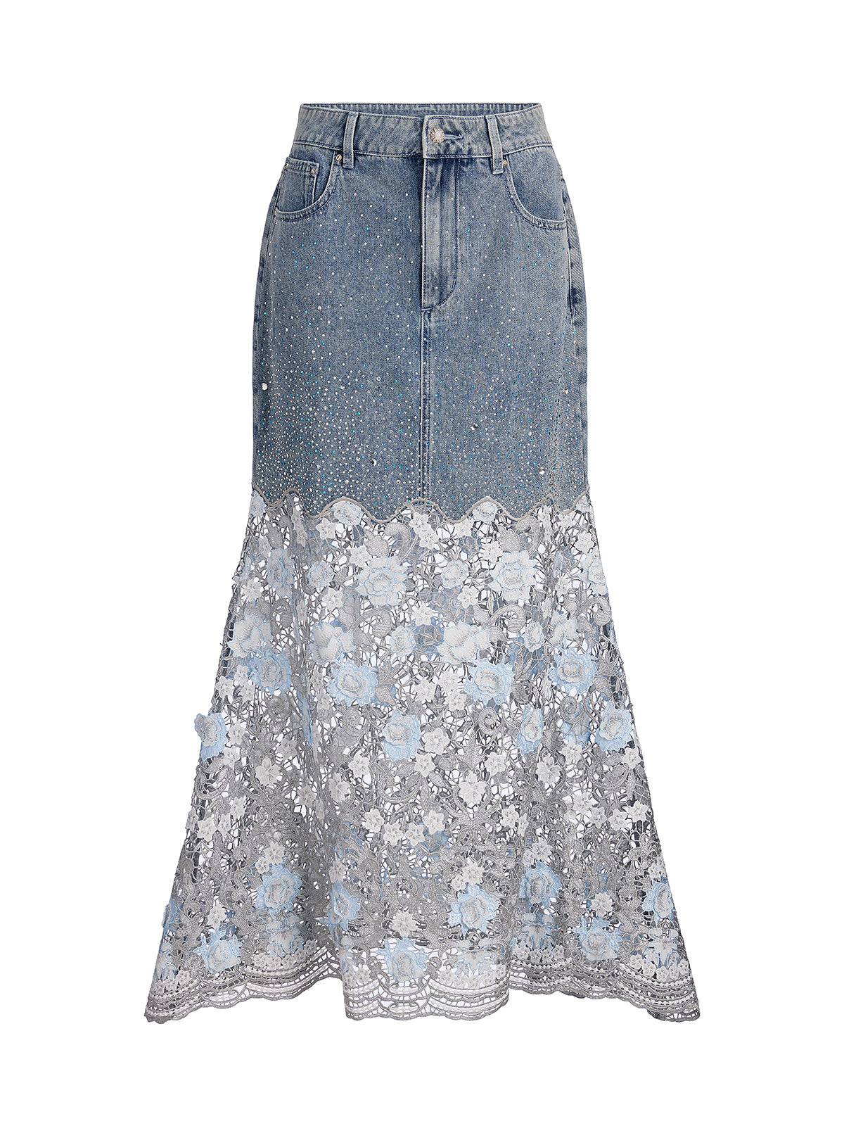 Rhinestone Lace-Panel Denim Skirt