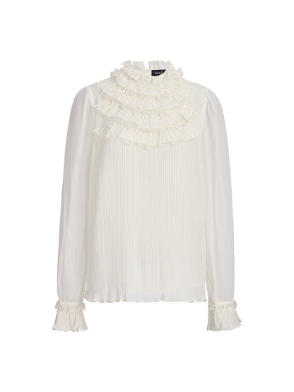 Pearl Beaded Fan Pleated Lantern Sleeve Blouse