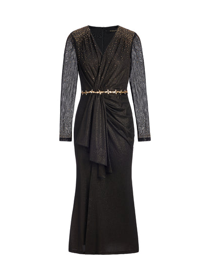 Hand-Set Gradient Rhinestone Pleated V-Neck Dress