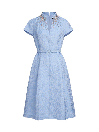 Hand-Beaded Crystal Jacquard A-Line Dress (Belt Included)