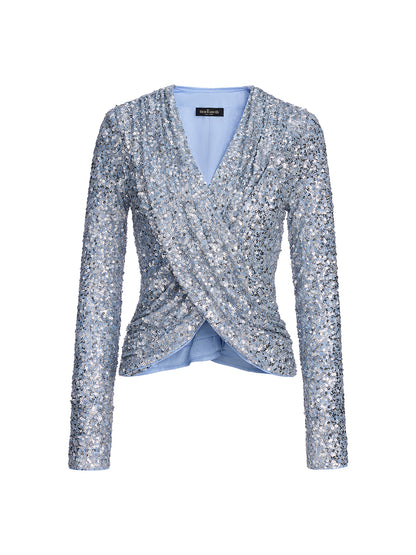 Draped V-Neck Sequin Sculpted Top