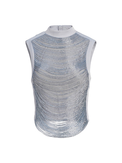Hand Beaded Fringe Mock Neck Top