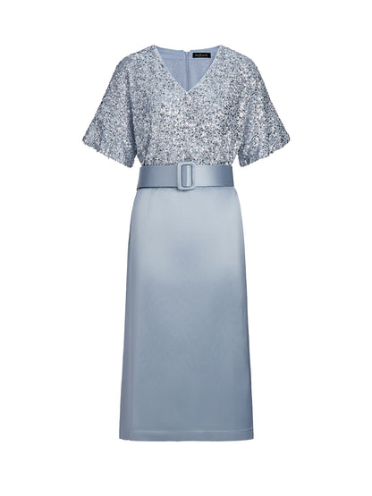 Sequin Panel Satin V Neck Dress (Belt Included)