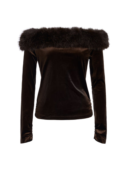 Faux-Fur Off-Shoulder Velvet Top