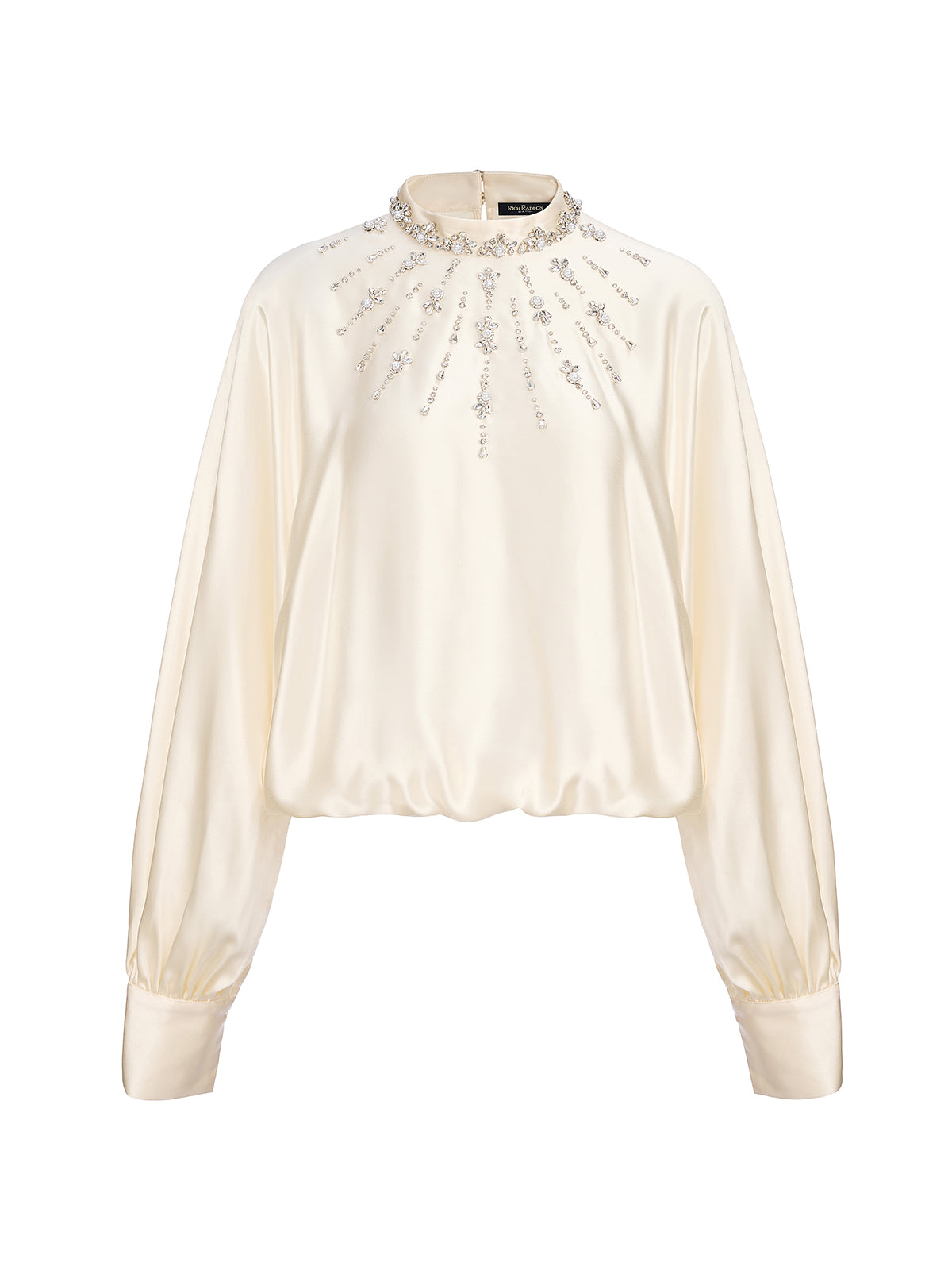 Acetate Beaded Stand-Collar Puff-Sleeve Top