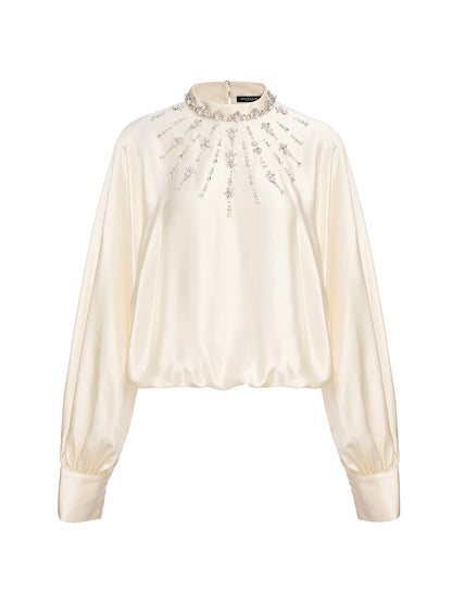 Acetate Beaded Stand-Collar Puff-Sleeve Top
