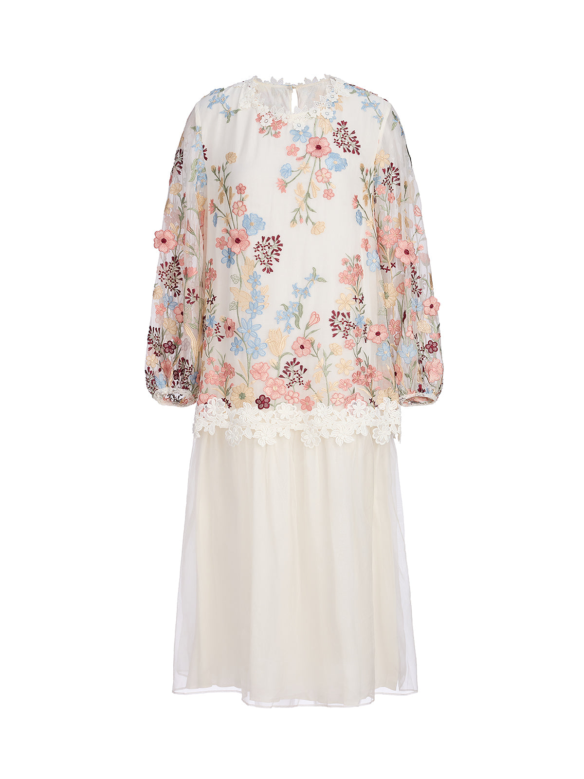 Silk Embroidery Lace-Panel Lantern-Sleeve Dress