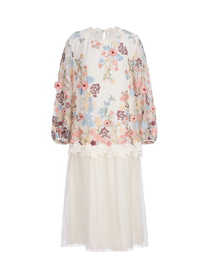 Silk Embroidery Lace-Panel Lantern-Sleeve Dress