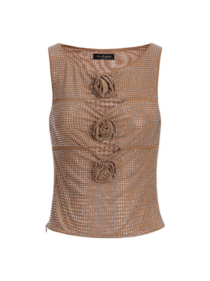 Rhinestone Rose Cutout Mesh Vest