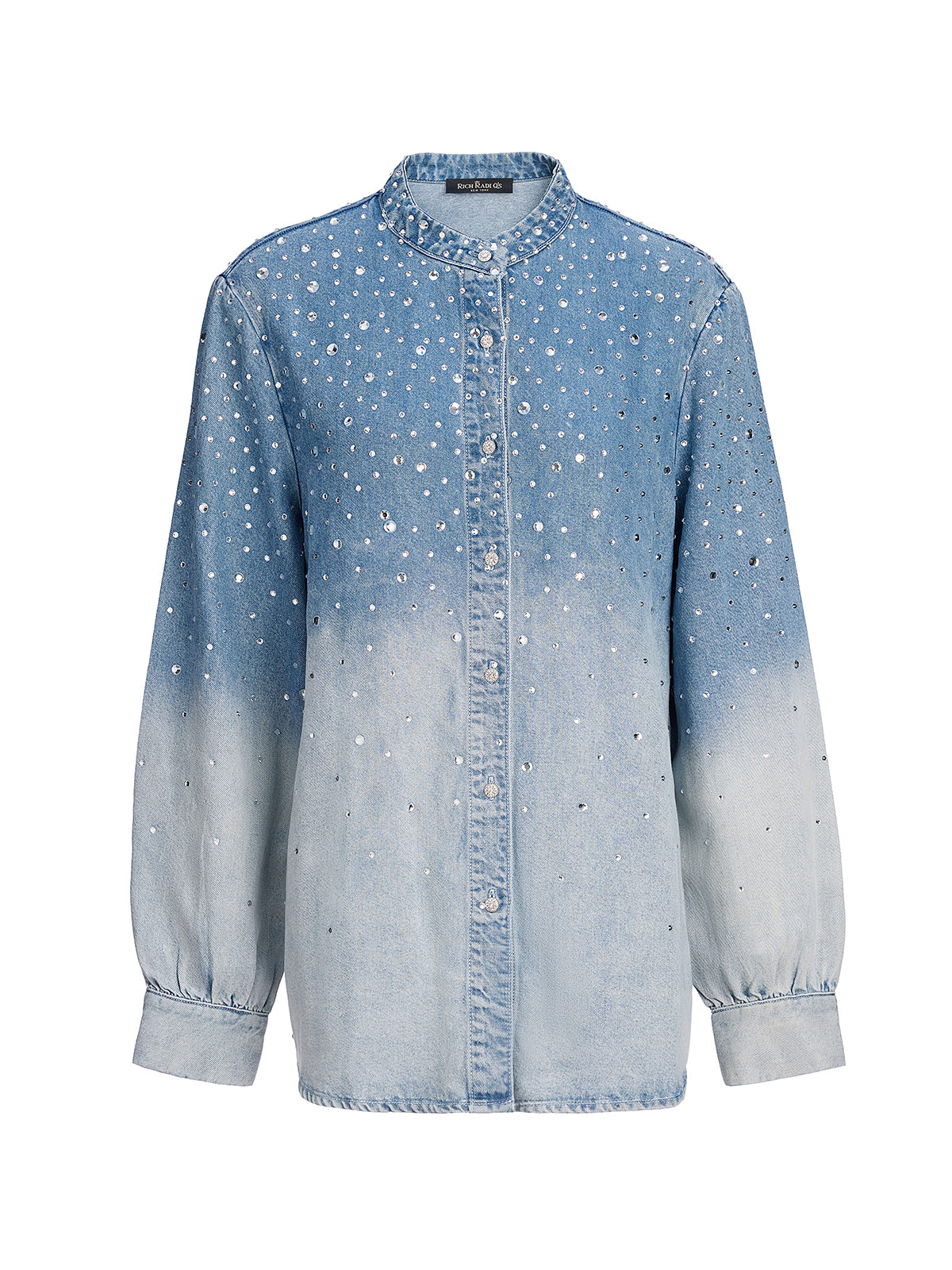 Ombre Washed Rhinestone Stand-Collar Denim Jacket