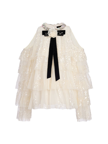 Sequin Pleated Mesh Cold-Shoulder Top (Detachable Bow Included)