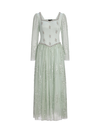 Hand-Beading Sequin Mesh Square-Neck Dress