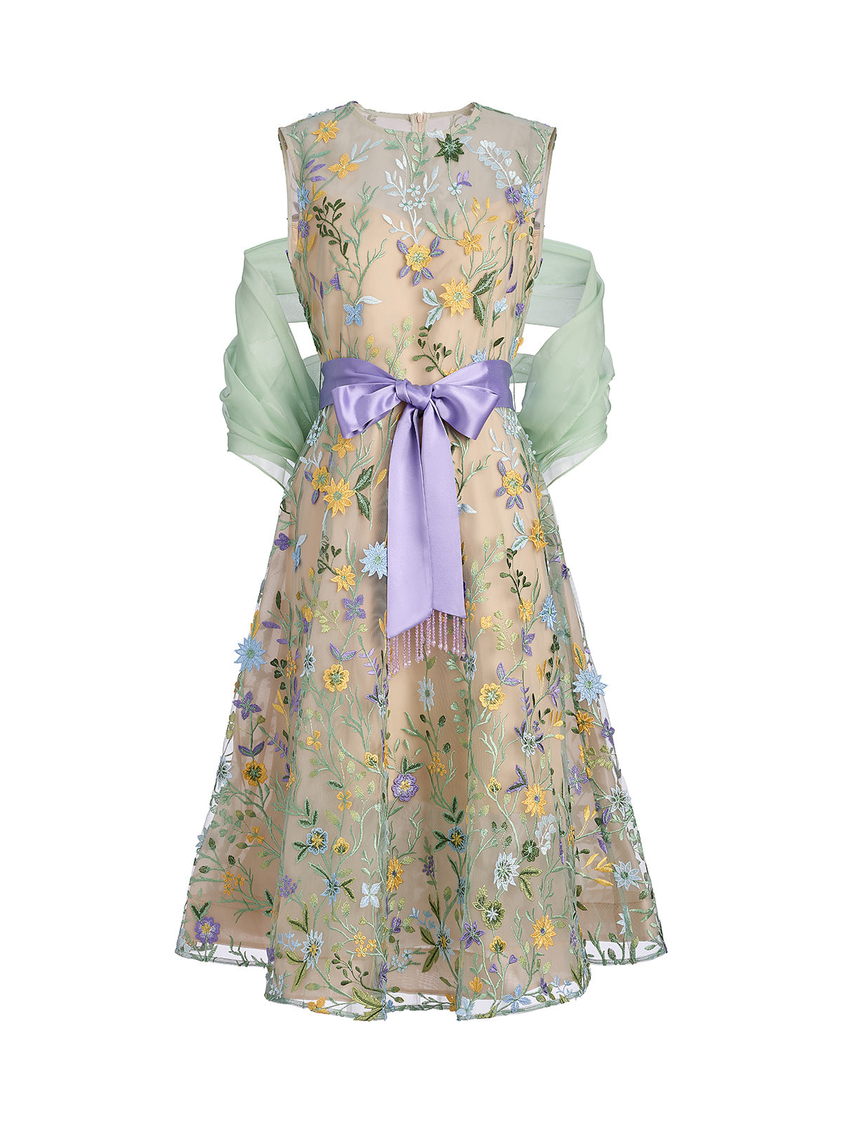 Floral Embroidered Tulle Sleeveless Dress (Wasit Tie & Shawl Included)