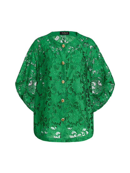 Lace Appliqué Jewel-like Buttons Emerald Top