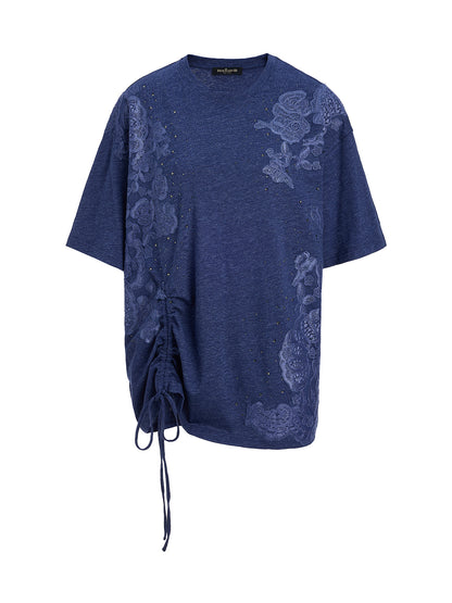 Hand-Lace Appliqué Knit Ruching Top