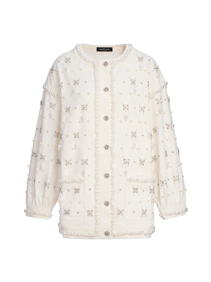 Hand-Beaded Pearl Ribbon Denim Jacket