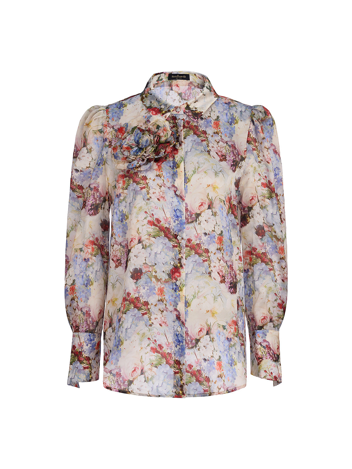 Silk Organza Baroque Print Shirt (Detachable Flower Included)