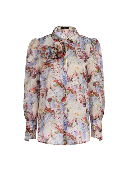 Silk Organza Baroque Print Shirt (Detachable Flower Included)