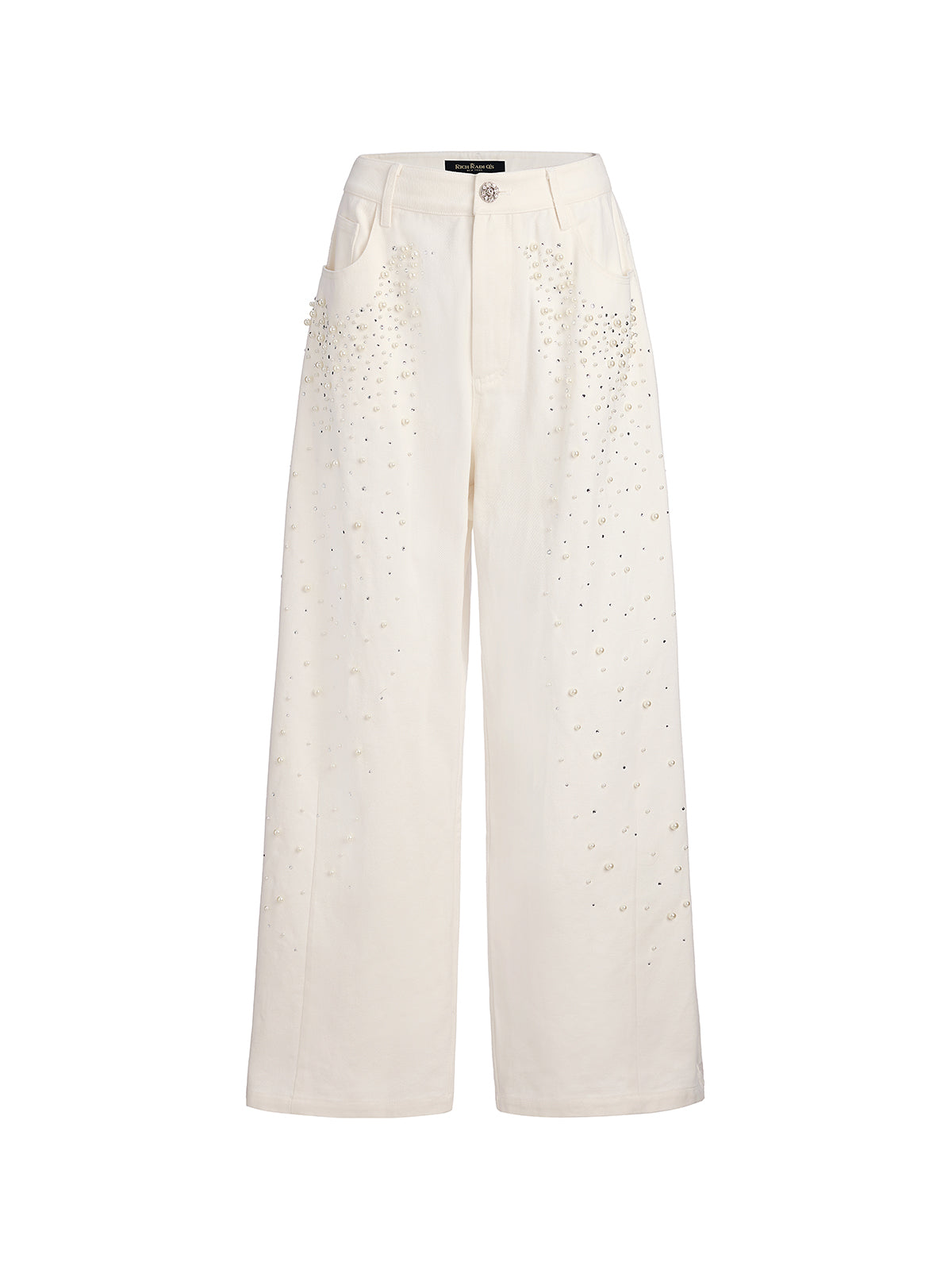 Pearl Rhinestone Denim Wide-Leg Pants