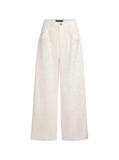 Pearl Rhinestone Denim Wide-Leg Pants